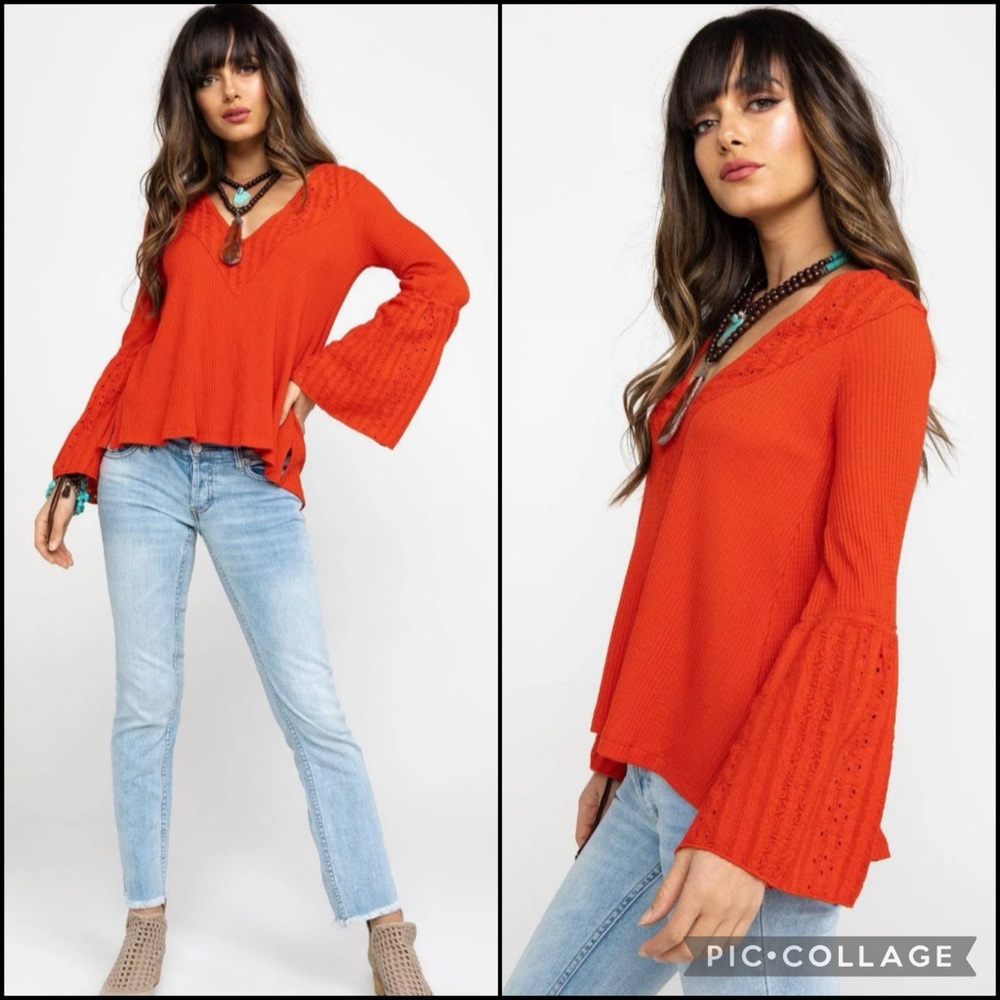 Free People Red Eyelet Lace Wide Bell Sleeve Waffle Knit Thermal Top